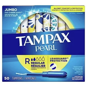 Tampax Pearl Regular Absorbency Tampons Jumbo 50 Ct Box Leakguard Protection